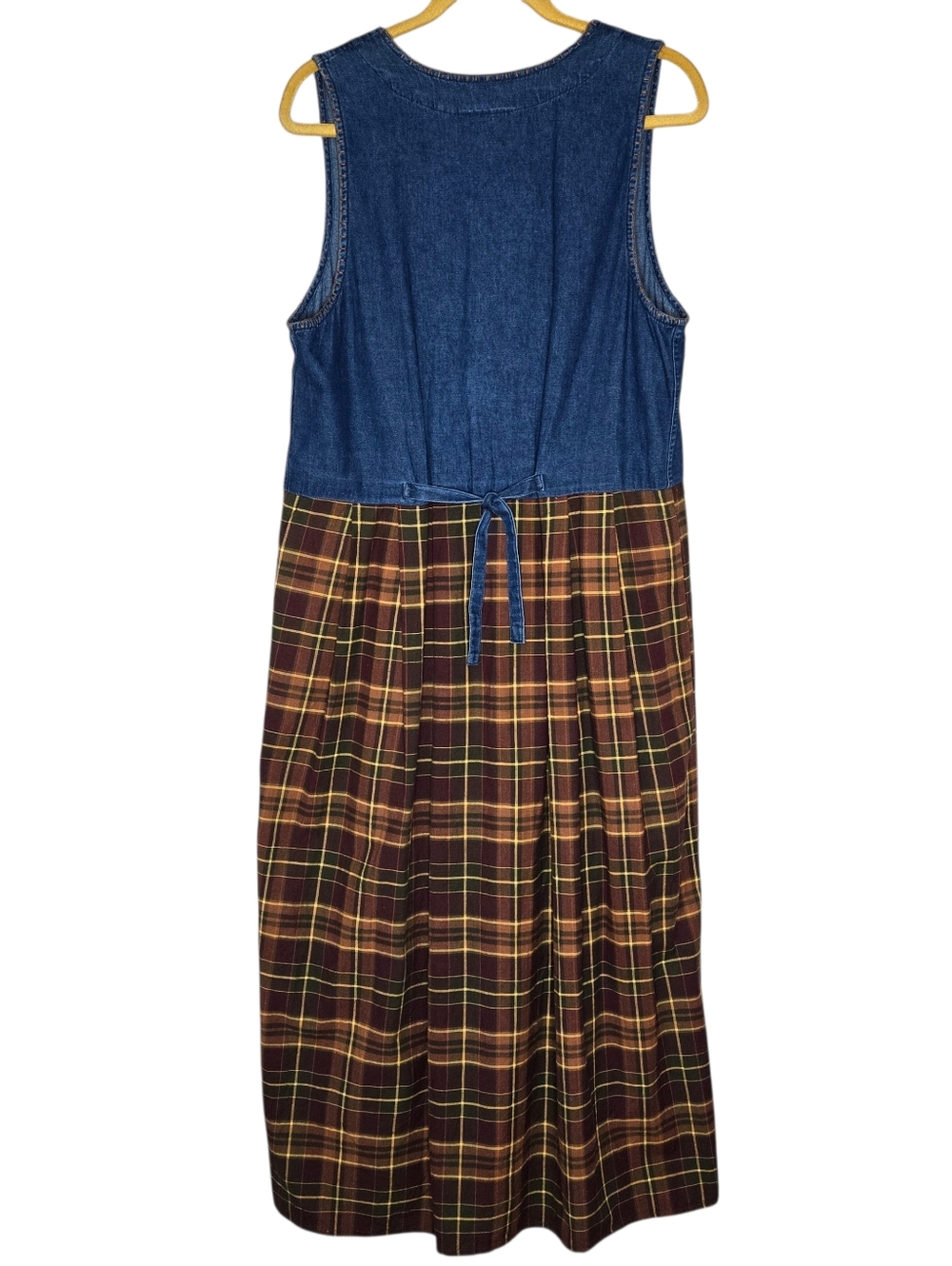 Vtg Casey & Max Denim Plaid Jumper Dress Medium Fall Leaf Embroidered Maxi 90s - Picture 2 of 8